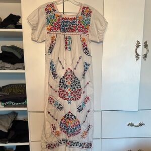 Embroidered White Mexican Maxi Dress with Multicolor Floral Stitching